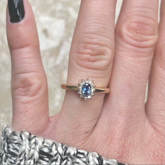 Vintage Jewelry - SOLD (Etsy) Light Blue Sapphire Diamond Halo Yellow Gold Ring